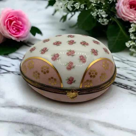 X Large Limoges France Hand Painted Rose Flower Egg Porcelain Pill Trinket Box